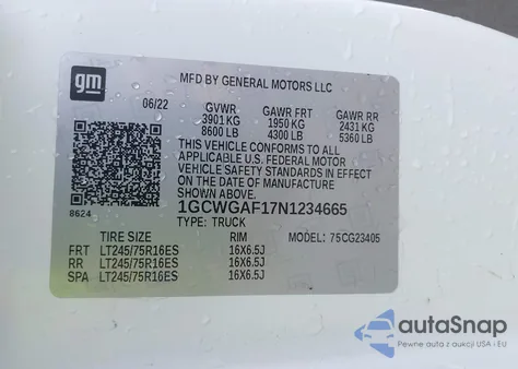 2022 Chevrolet Express Cargo Rwd 2500 Regular Wheelbase Wt из США, поврежденный, VIN 1GCWGAF17N1234665